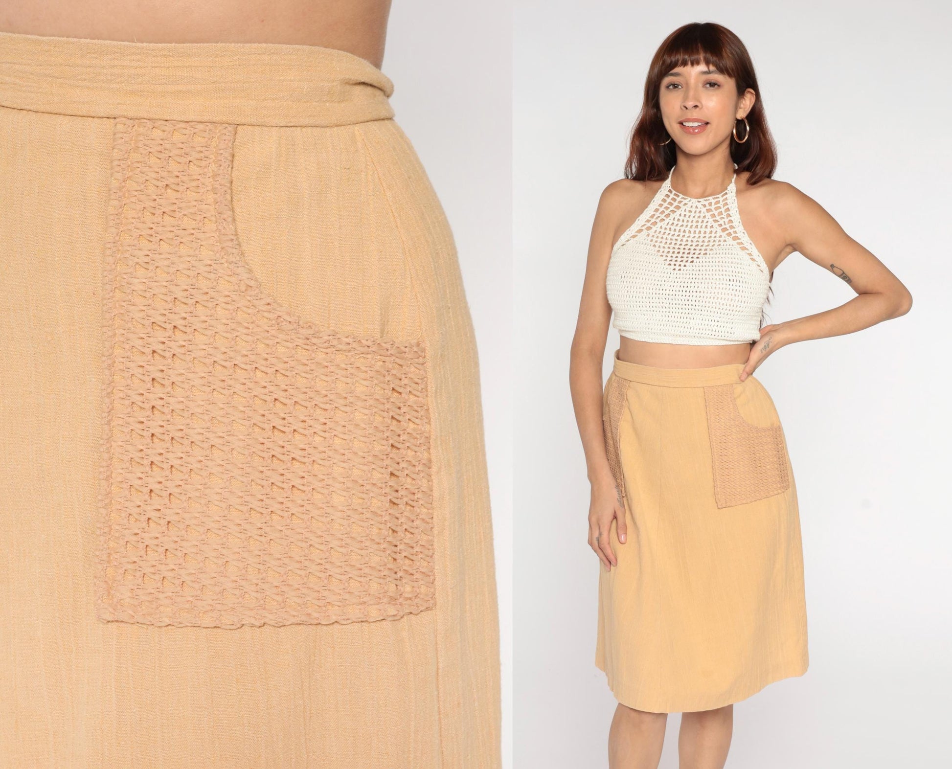 70s Beige A-Line Mini Skirt Crochet Pocket Cotton Linen Medium M
