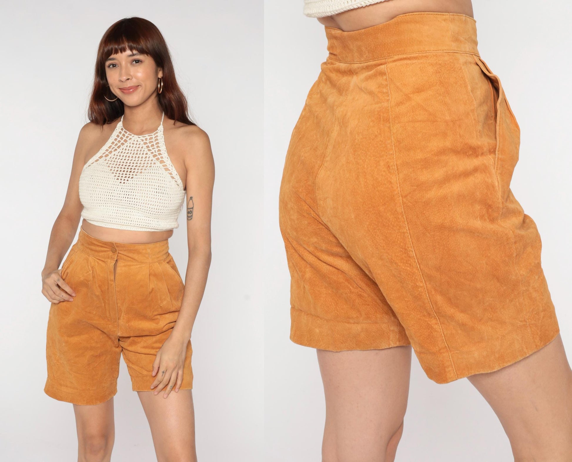 90s Chia Leather Shorts High Waisted Tan Bermuda Pleated Medium