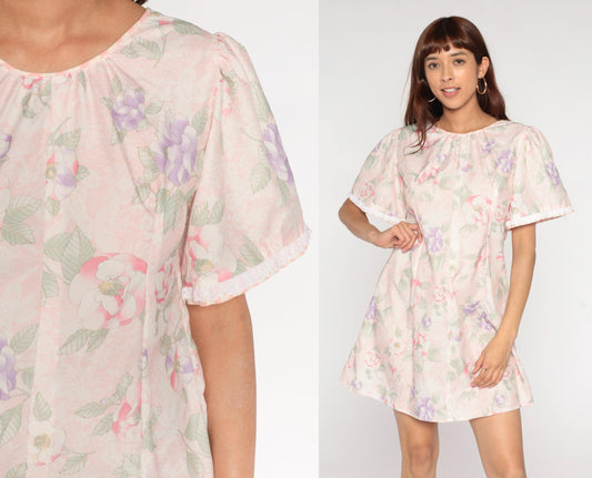 80s Pastel Floral Mini Dress Puff Sleeve Pink Purple Green A-Line Medium M