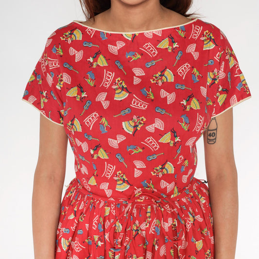 60s Red Novelty Print Dress Mexican Dancer Guitar Boat Neck Medium M