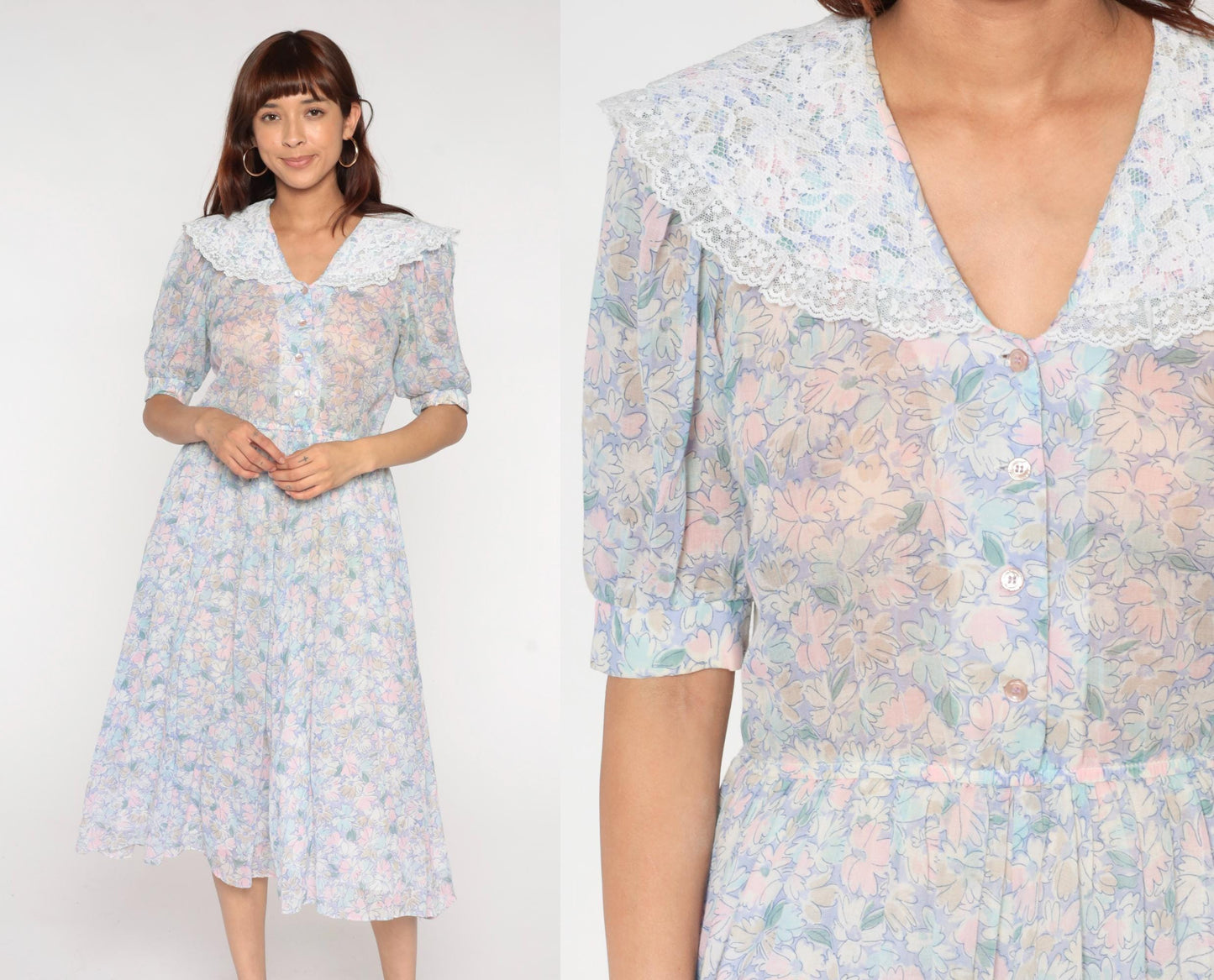 80s Act 1 Floral Midi Dress White Lace Collar Puff Sleeve Small