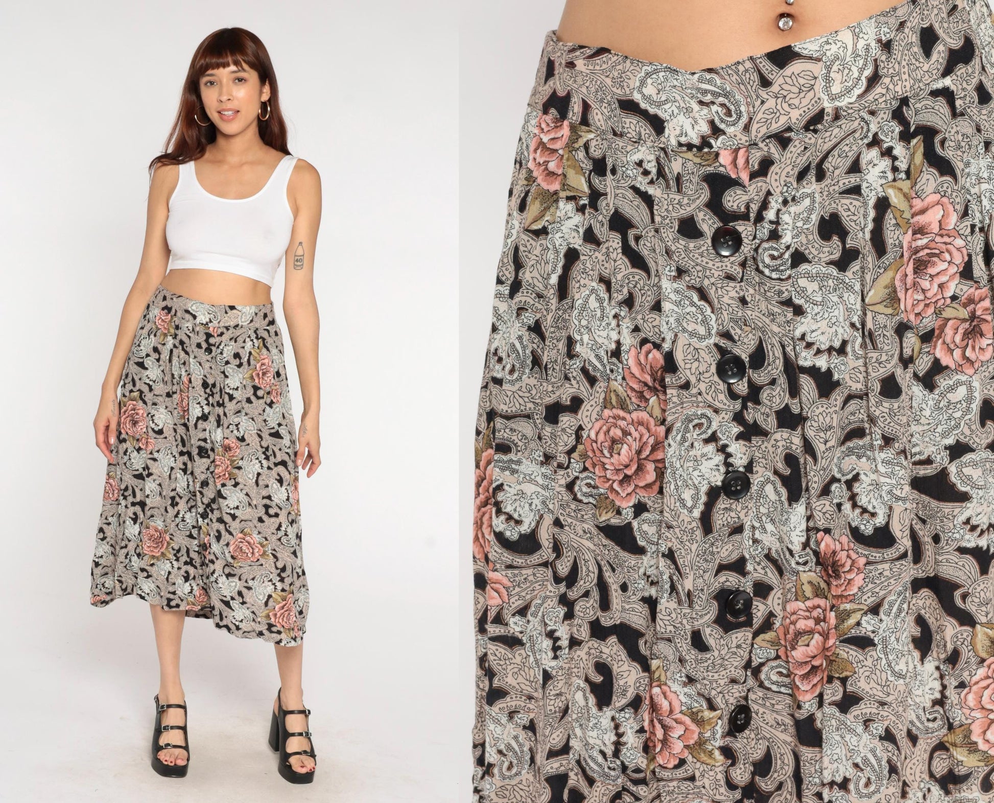 90s Melrose Floral Paisley Midi Skirt Black Pink Elastic Waist Large