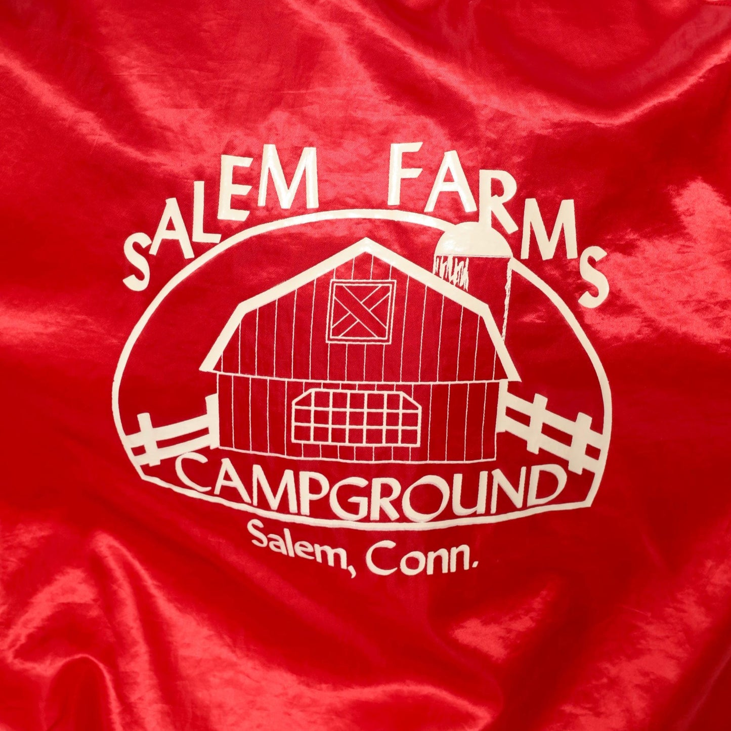 90s Red Satin Bomber Jacket Embroidered Salem Farms Campground Connecticut Large