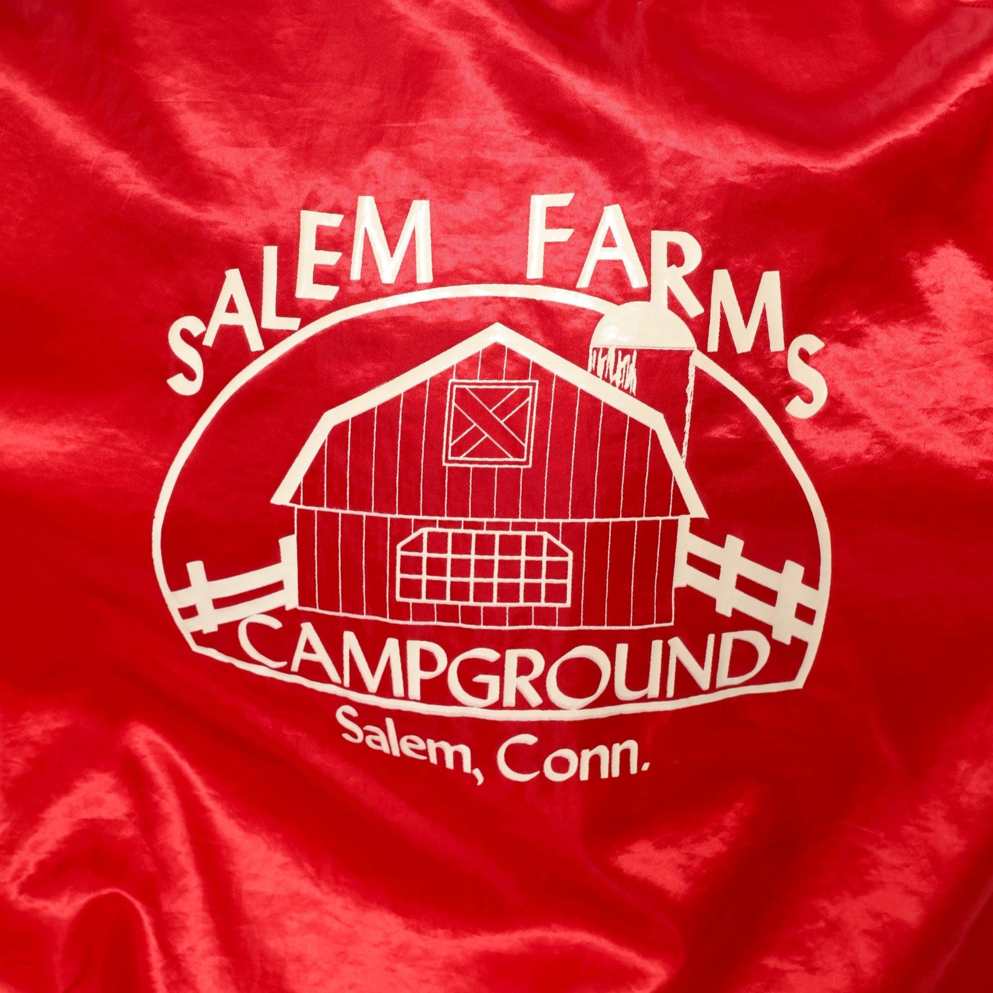 90s Red Satin Bomber Jacket Embroidered Salem Farms Campground Connecticut Large