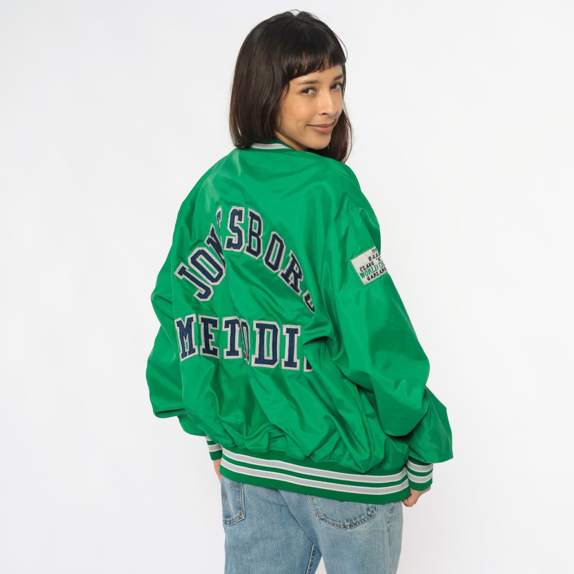 80s Green Varsity Bomber Jacket Embroidered Patches Snap Front Extra Large XL