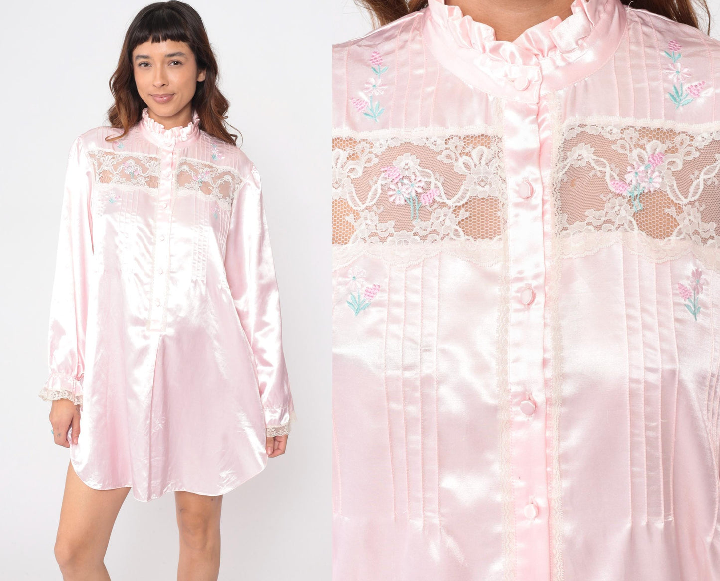 90s Pink Satin Nightgown Jodie Ardebn Embroidered Floral Ruffle Sleeve Medium