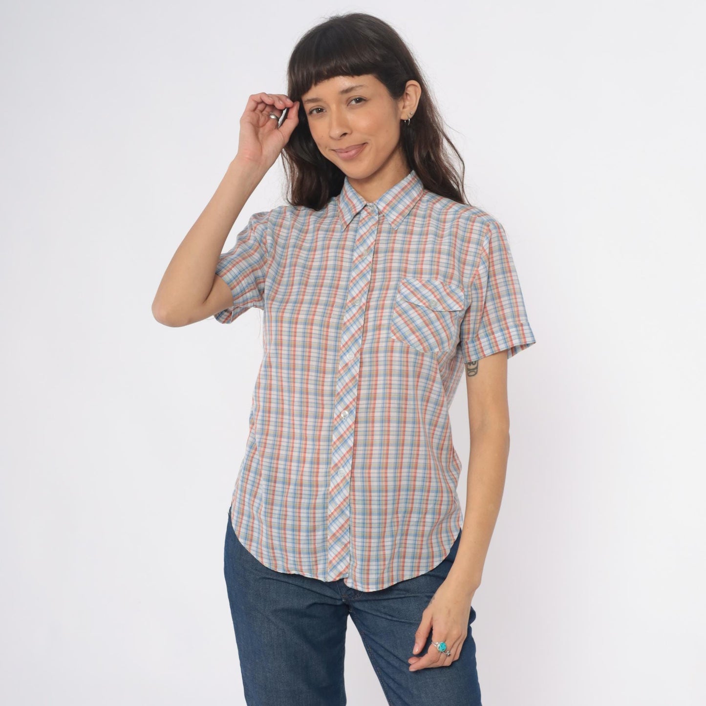 80s Plaid Button-Up Shirt Short Sleeve Pointed Collar Cotton Multicolor Medium