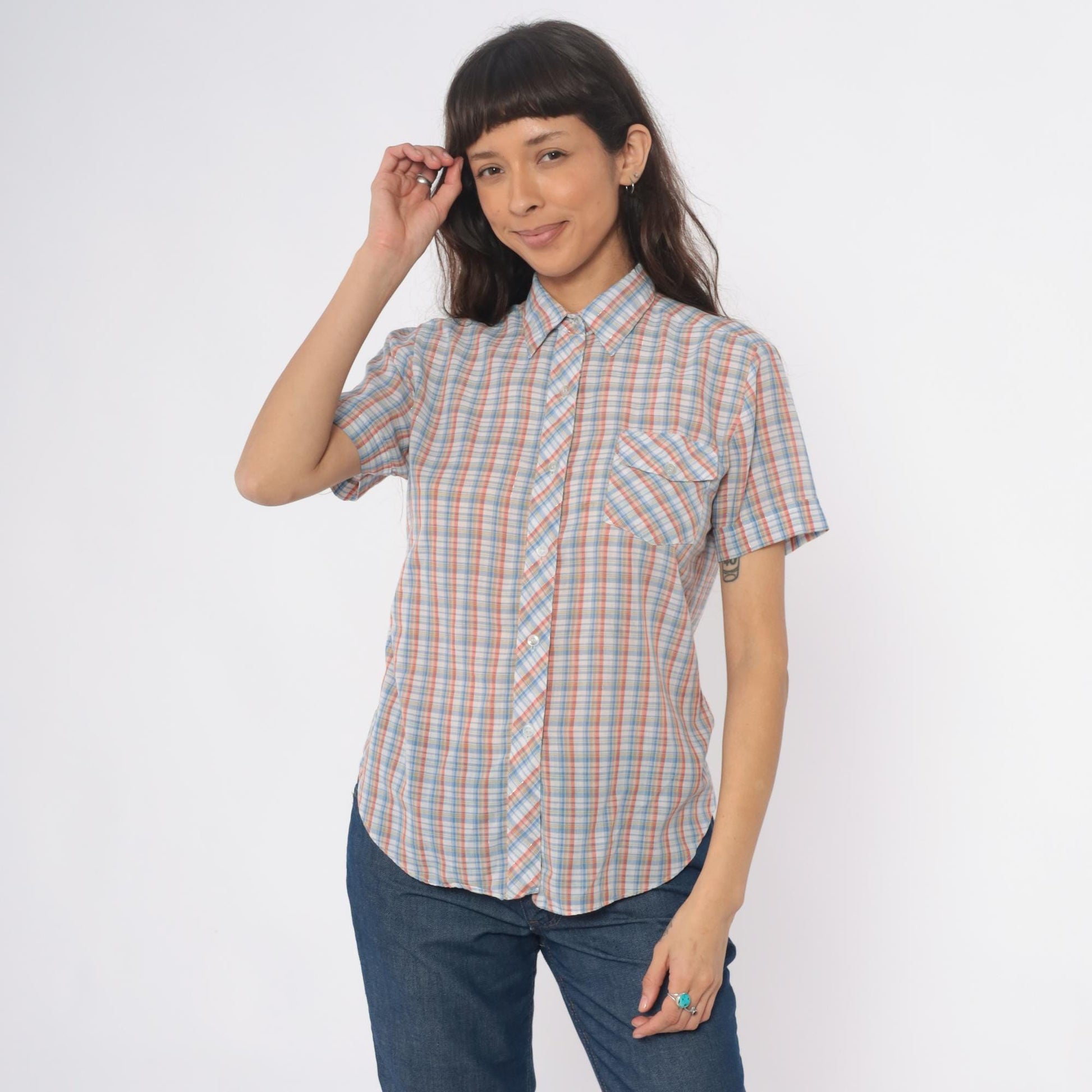 80s Plaid Button-Up Shirt Short Sleeve Pointed Collar Cotton Multicolor Medium