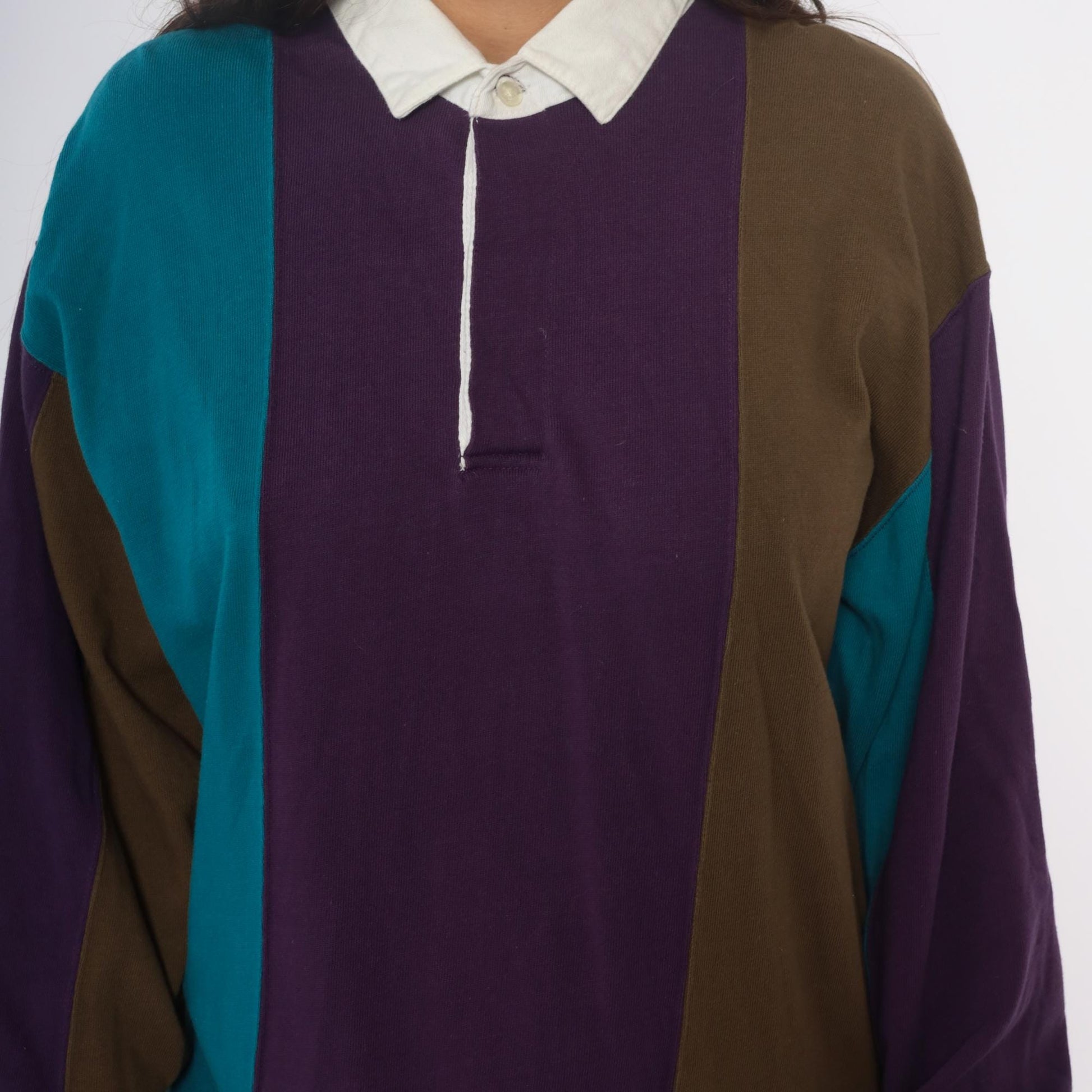 90s Cambridge Classics Rugby Polo Purple Teal Olive Colour Block Cotton Large