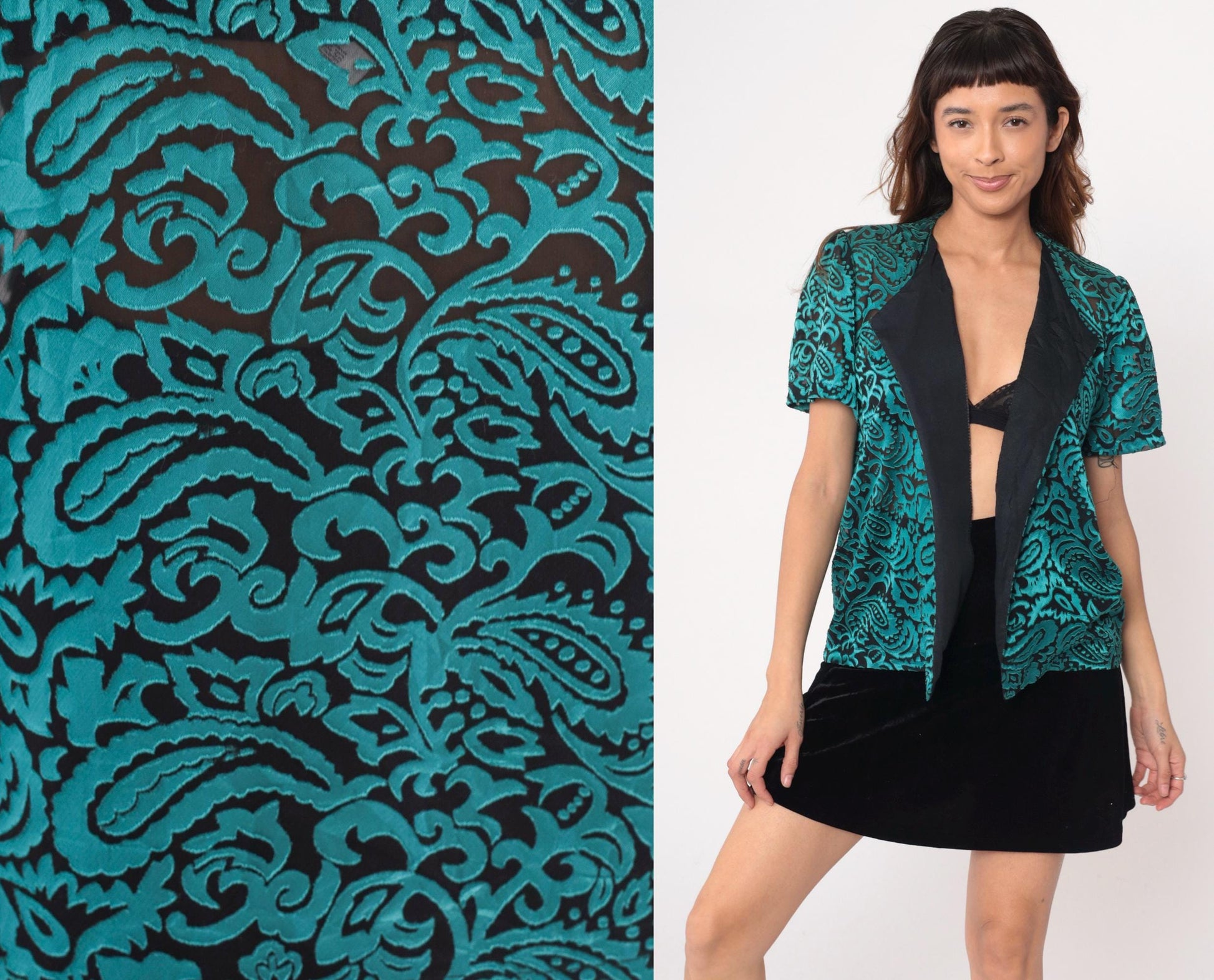 90s Turquoise Paisley Velvet Cardigan Black Trim Short Sleeve Open Front Medium M