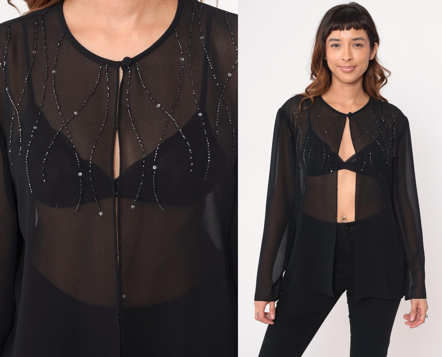 90s Adrianna Papell Black Beaded Blouse Keyhole Neckline Sheer Large L
