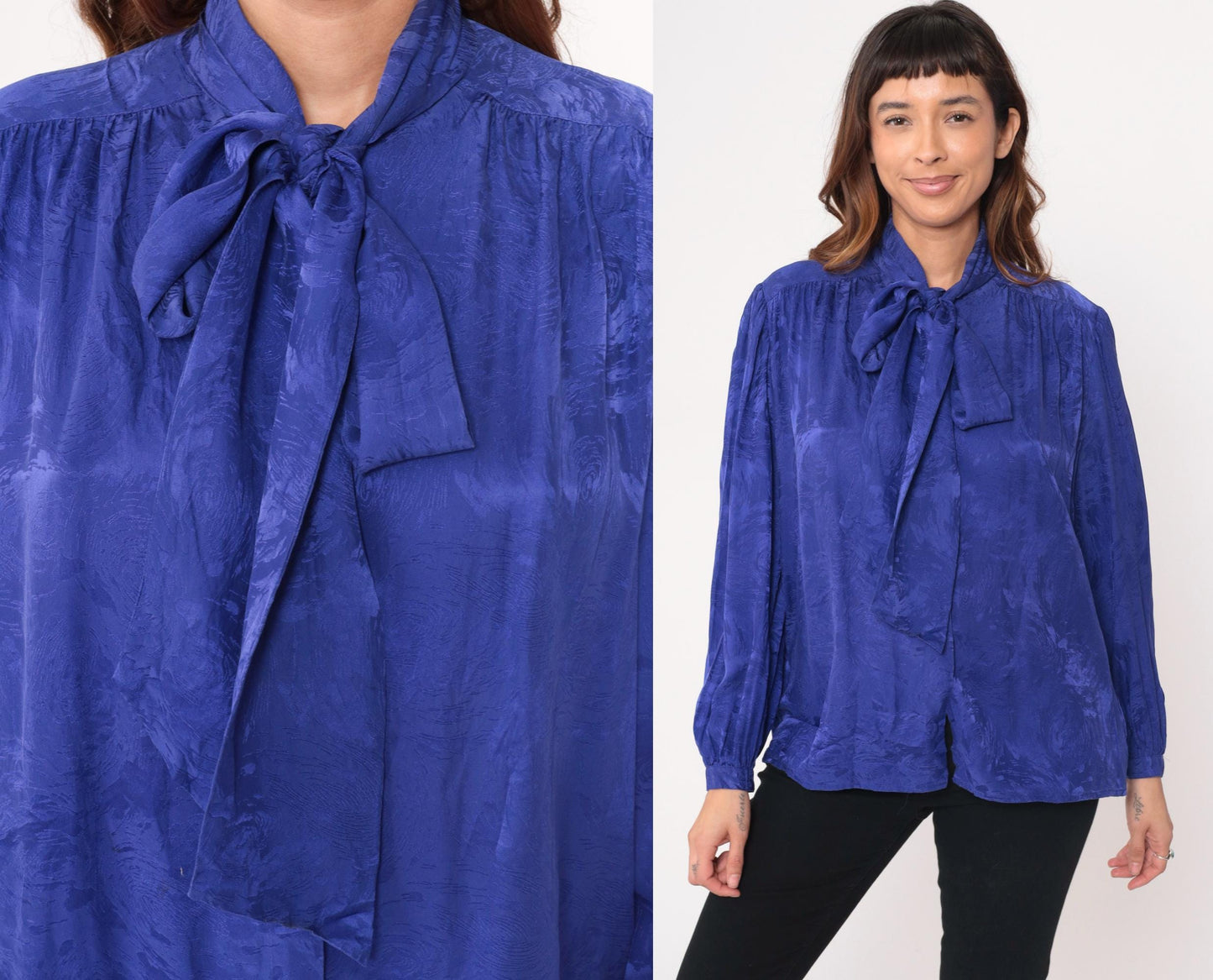90s Argenti Royal Blue Silk Blouse Pussy Bow Tie Neck Gathered Shoulders Large L