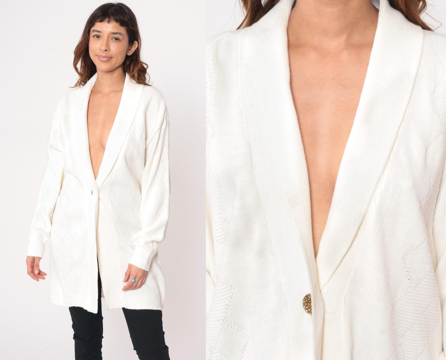 80s Southern Lady Cream Cardigan Shawl Collar Cable Knit Longline Medium M