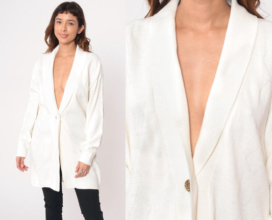 80s Southern Lady Cream Cardigan Shawl Collar Cable Knit Longline Medium M