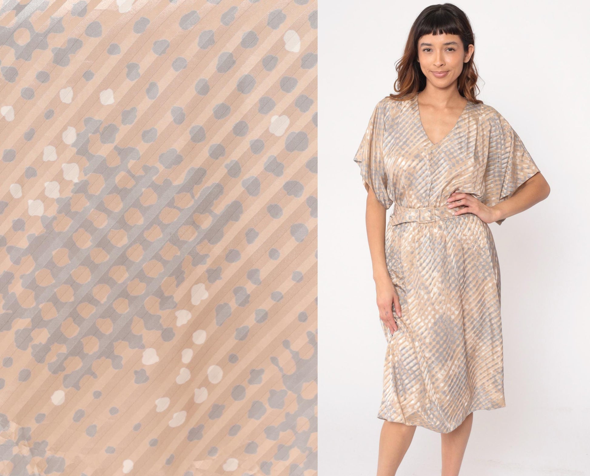 80s Pellini Wrap Dress Beige Polka Dot Diagonal Stripe V-Neck Kimono Sleeve Small