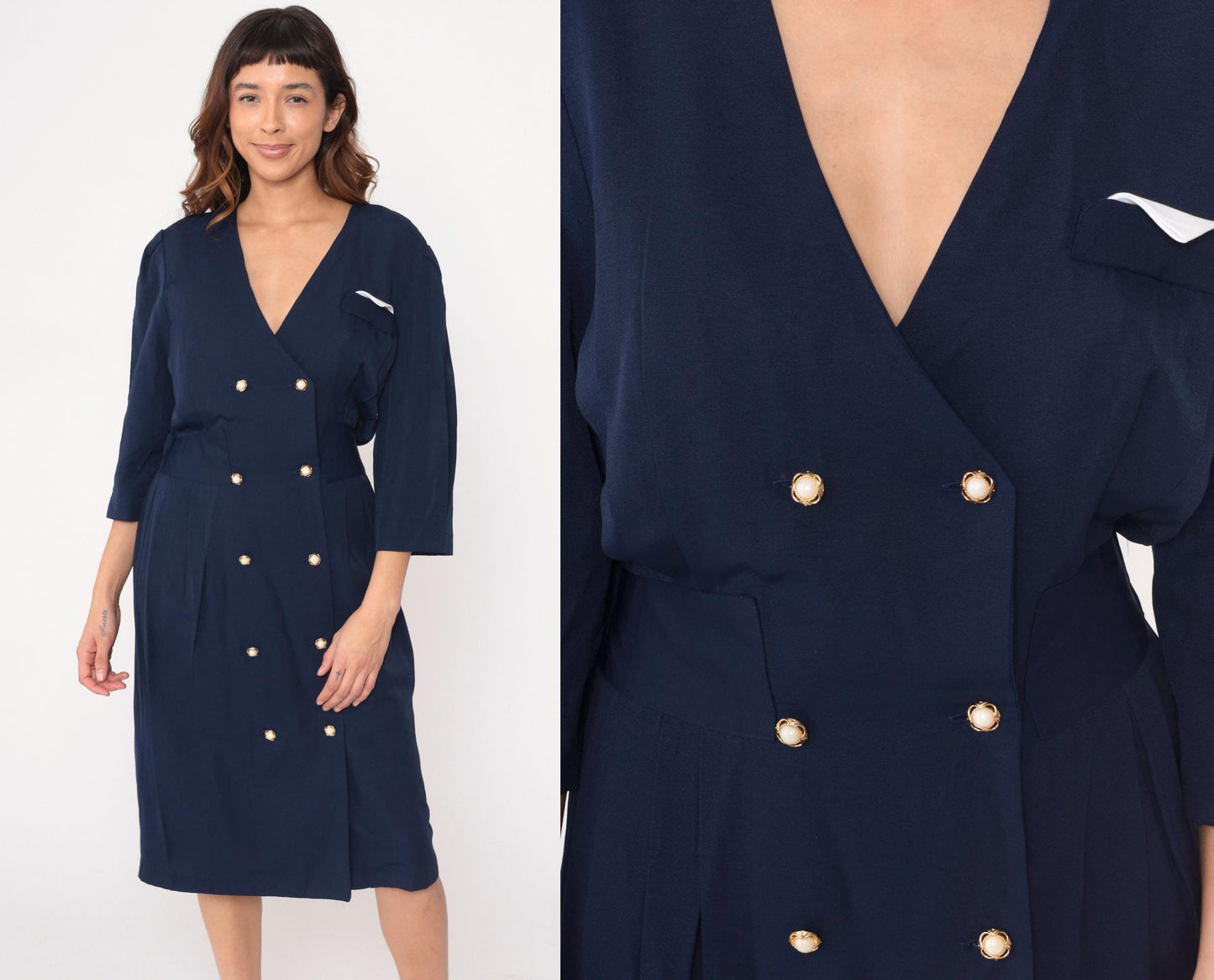 90s Ms. Basia California Navy Double-Breasted Dress Gold Buttons Medium