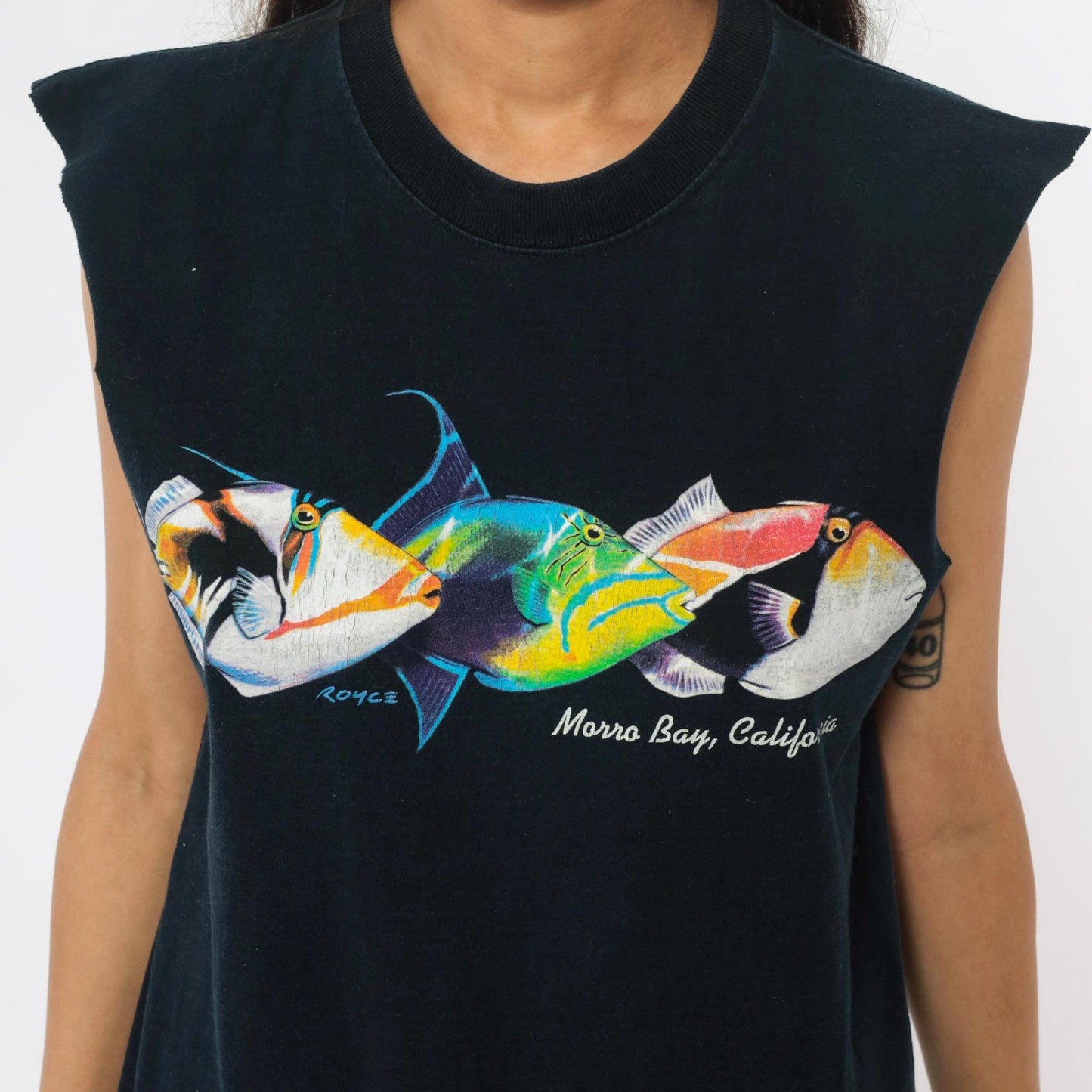 90s Fruit of the Loom Fish Tank Morro Bay Graphic Tank Top Black Cotton Medium M