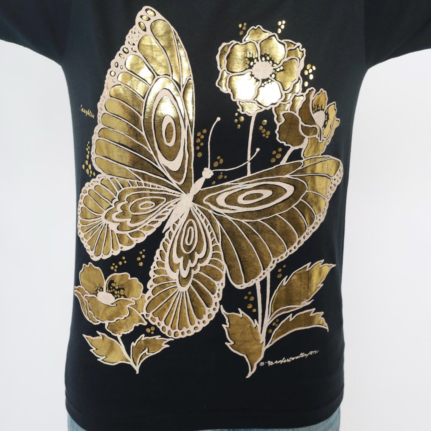 90s Gold Butterfly Floral Graphic T-Shirt Black Screen Stars Best Medium