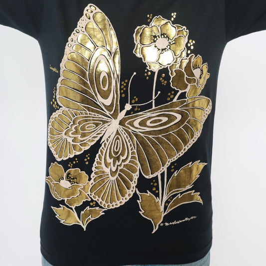 90s Gold Butterfly Floral Graphic T-Shirt Black Screen Stars Best Medium