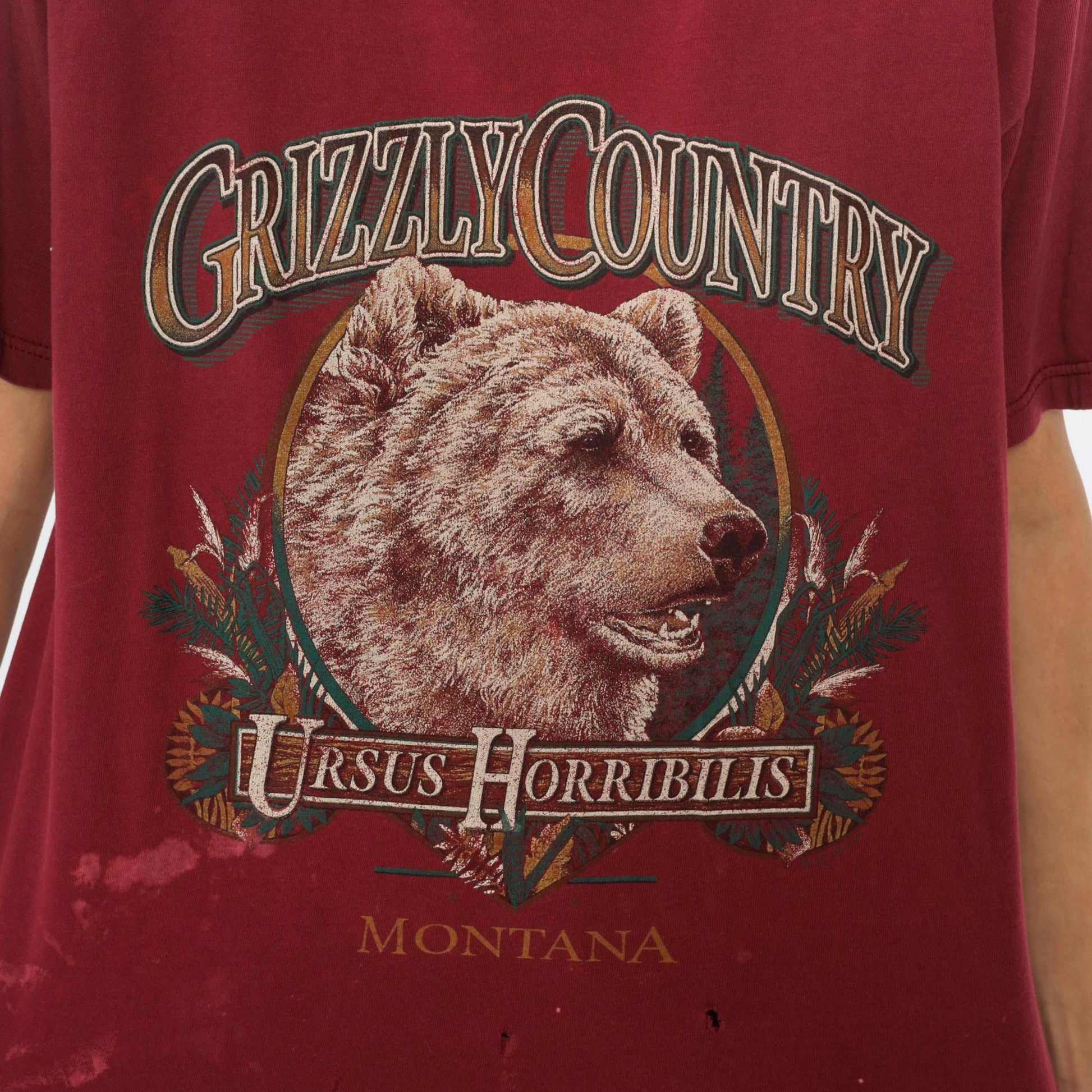 90s Grizzly Bear Montana Graphic Tee Burgundy Cotton Medium M