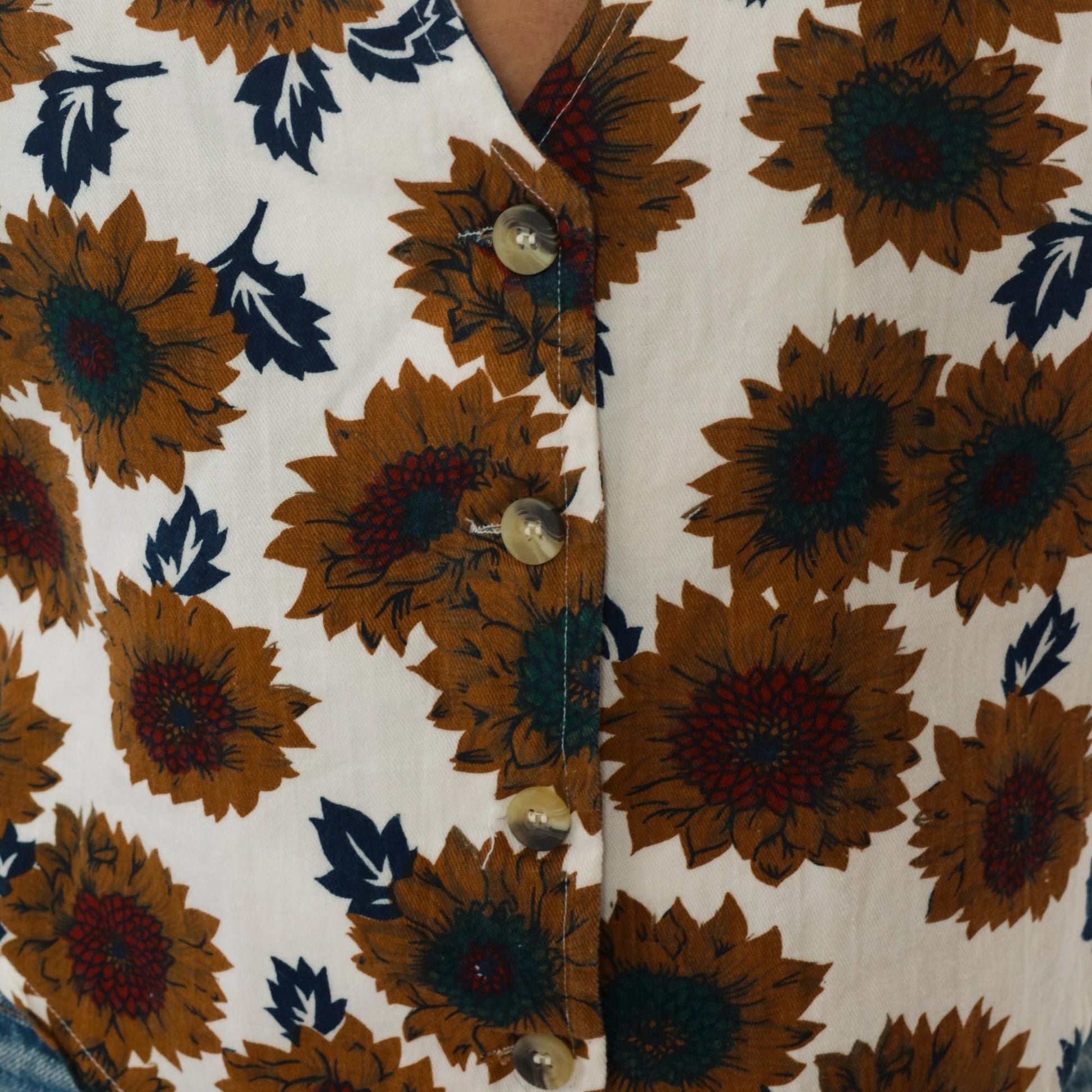 90s Carolina Colours Sunflower Floral Cotton Vest Cream Medium M