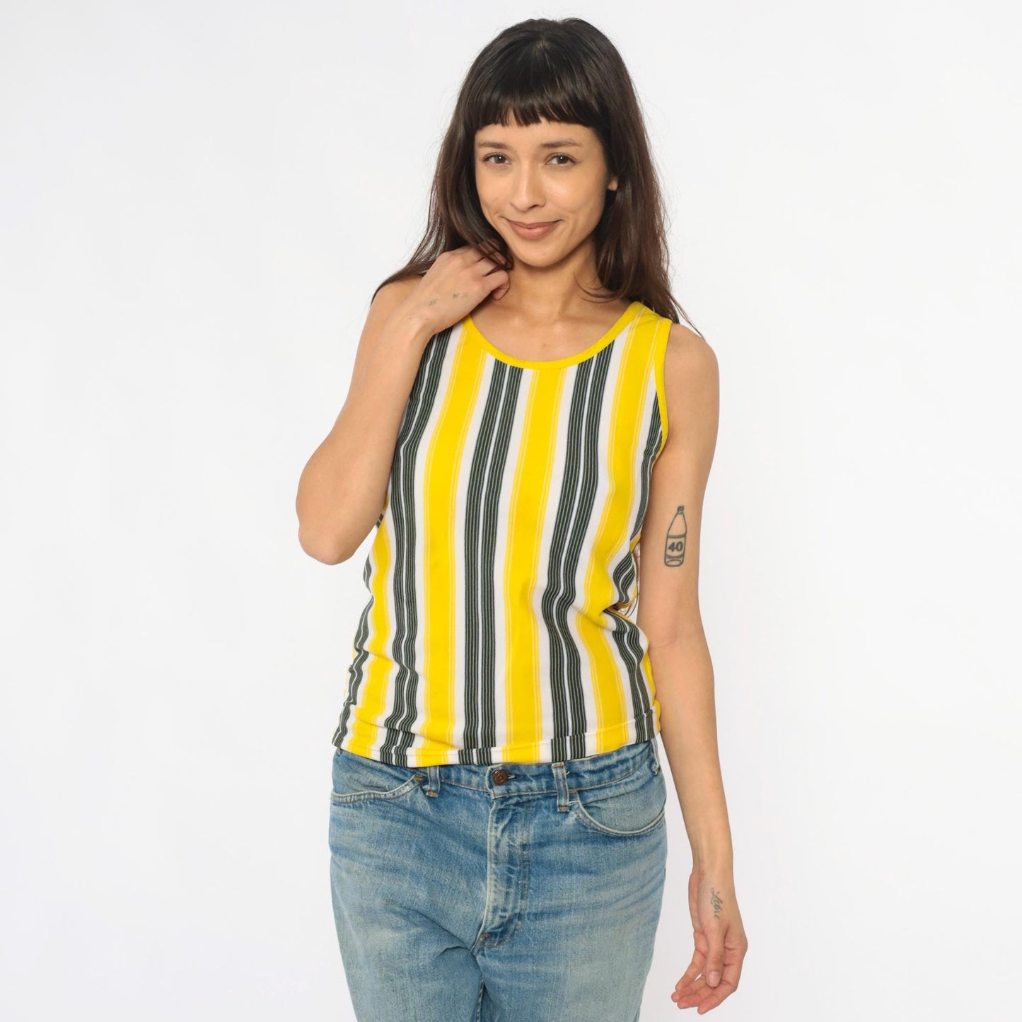70s Yellow Black White Vertical Stripe Tank Top Scoop Neck Extra Small XS
