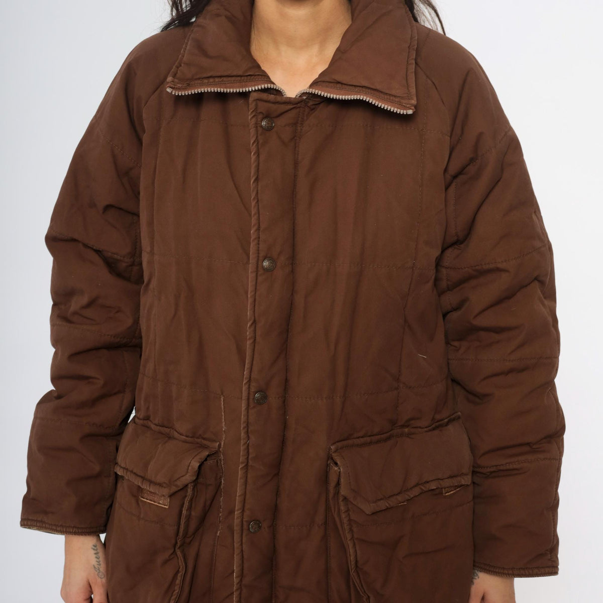 80s REI Brown Quilted Puffer Jacket Corduroy Collar Zip Large