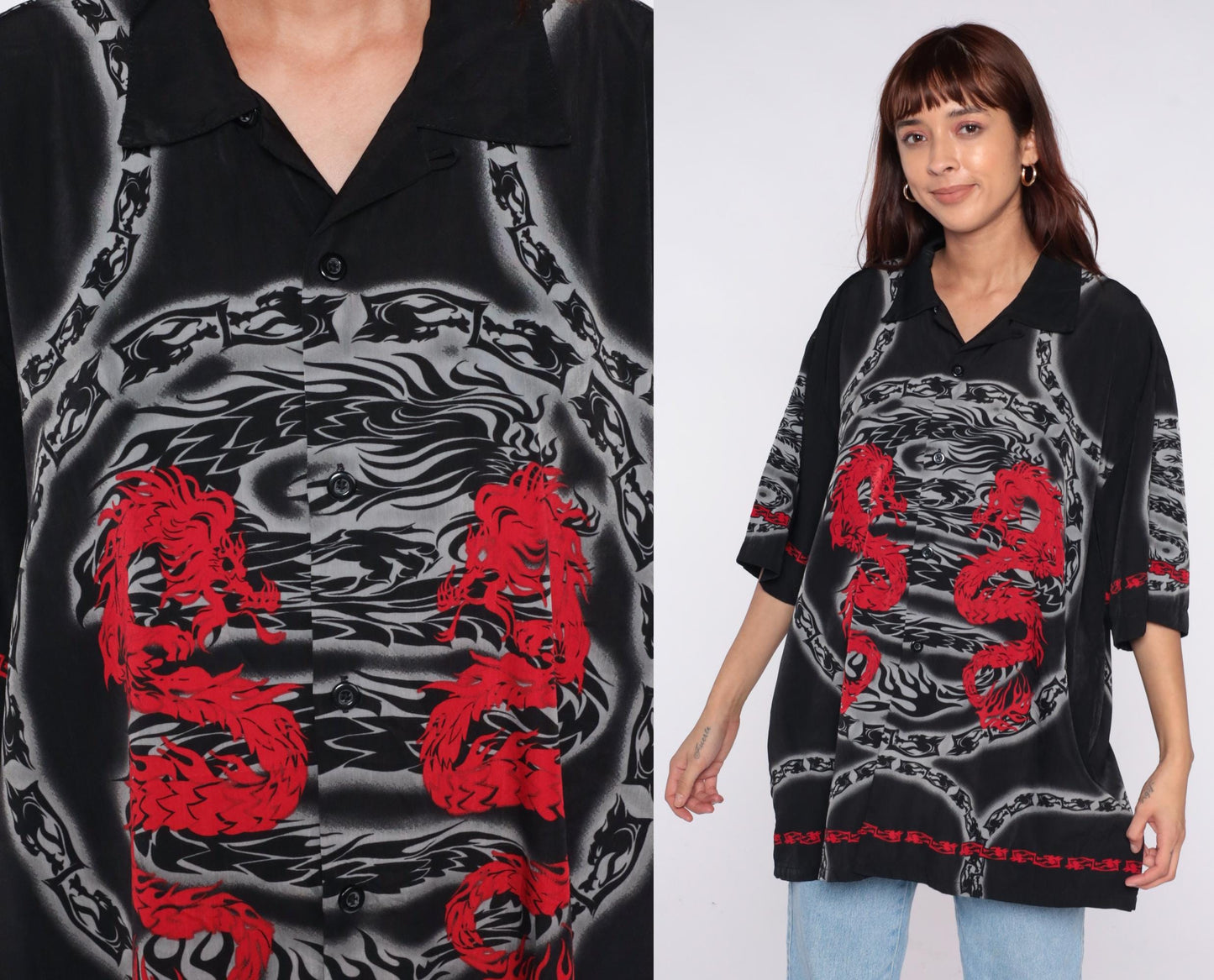 Y2K Saphire Lounge Dragon Chain Button Shirt Black Red Extra Large XL