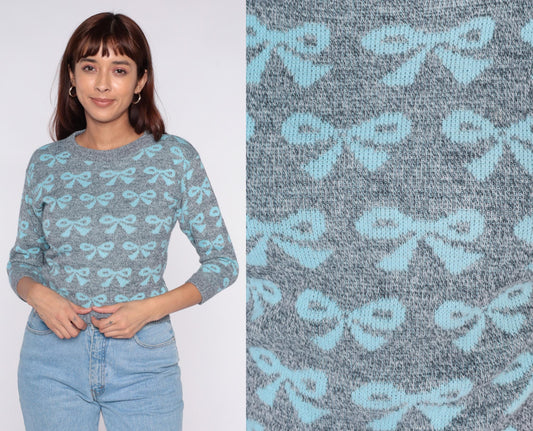 80s Go Nitty Grey Turquoise Bow Knit Sweater Cropped Crew Neck Extra Small