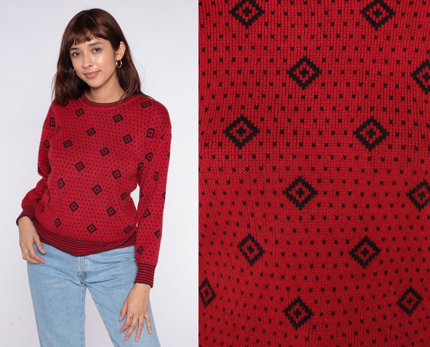 80s Red Geometric Diamond Sweater Black Dot Crew Neck Knit Small S