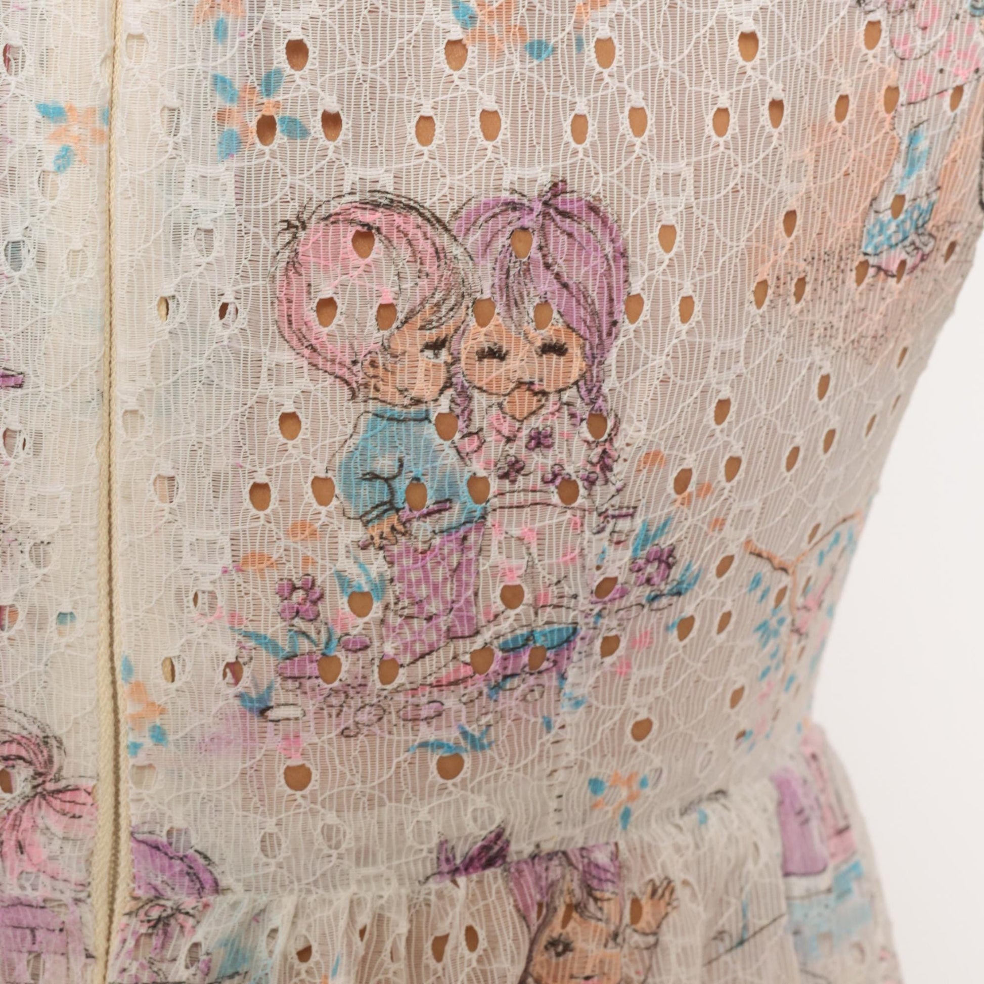 70s White Eyelet Maxi Dress Kawaii Children Print Puff Sleeve Small