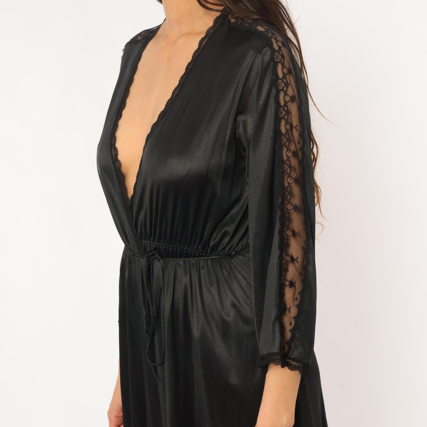 70s Black Nylon Lace Robe Maxi Wrap Front Deep V Neck Tie Waist Small