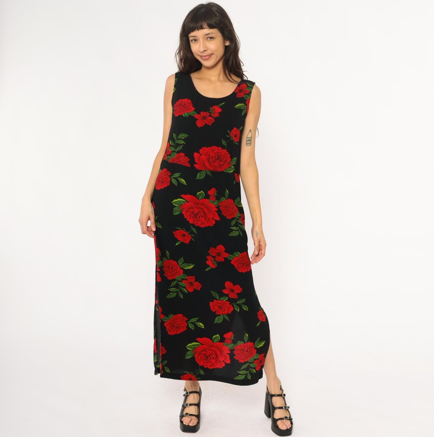 90s Black Maxi Dress Red Rose Floral Print Sleeveless Scoop Neck Medium