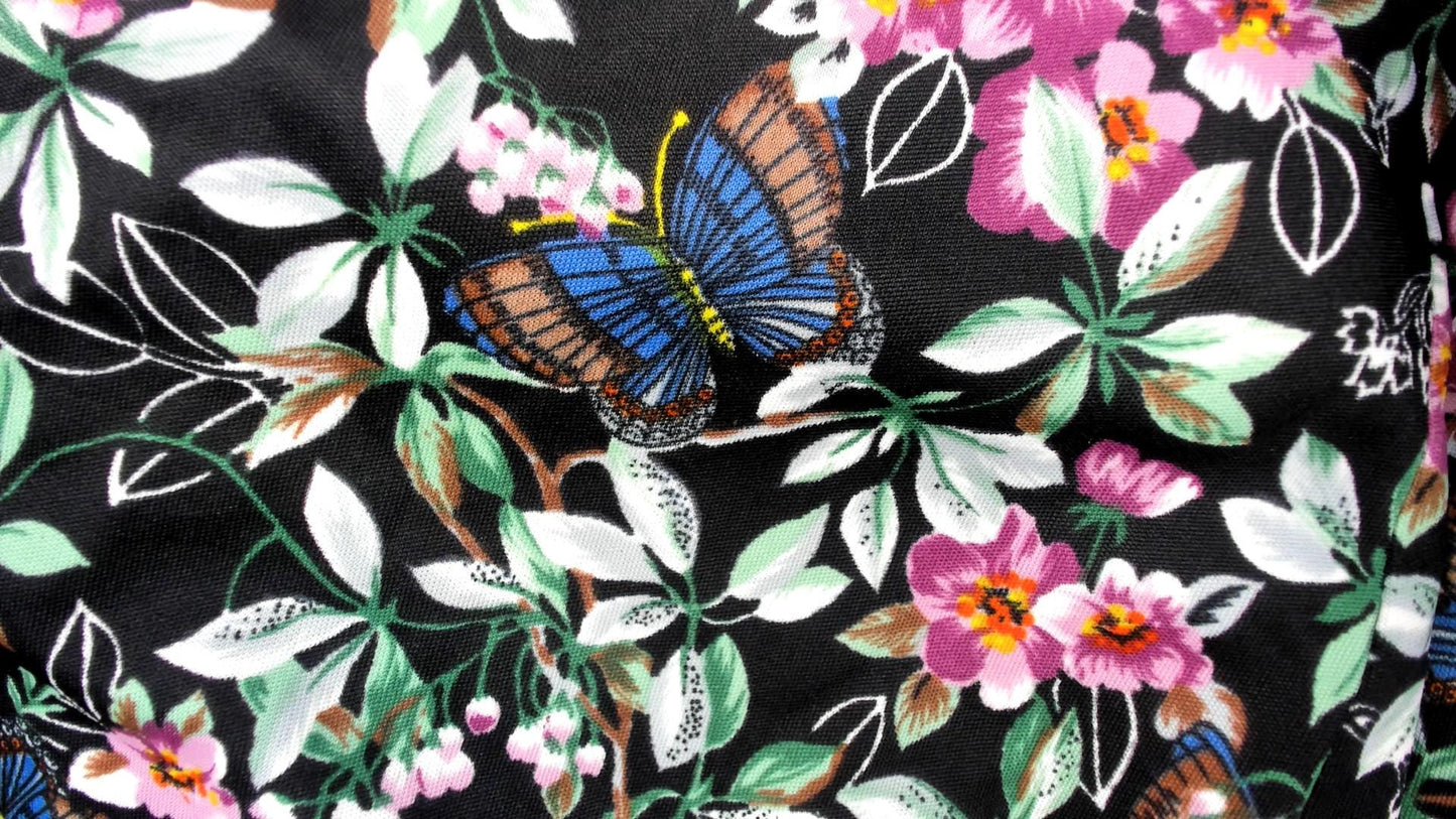70s Black Floral Midi Dress Butterfly Print V-Neck Long Sleeve Extra Large