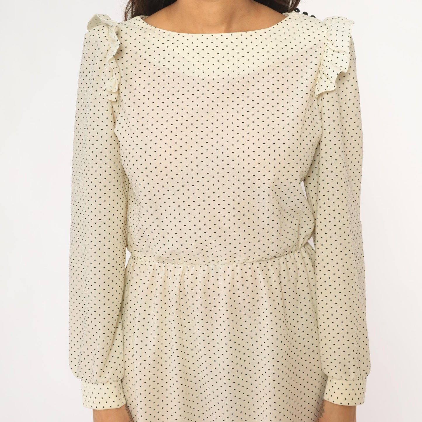 80s Ivory Polka Dot Midi Dress Ruffled Collar Long Sleeve Medium M