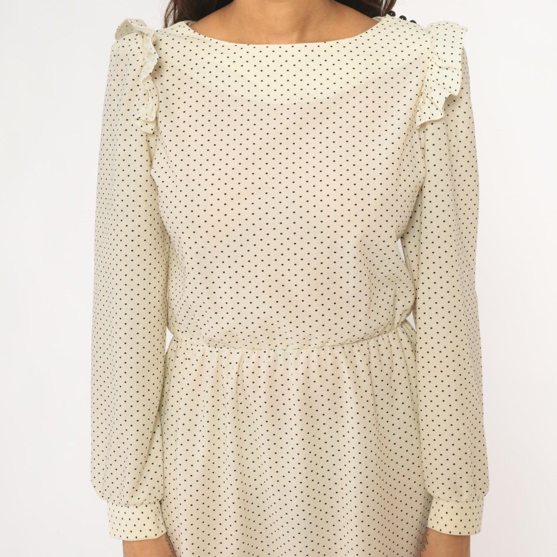 80s Ivory Polka Dot Midi Dress Ruffled Collar Long Sleeve Medium M