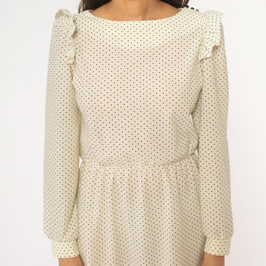 80s Ivory Polka Dot Midi Dress Ruffled Collar Long Sleeve Medium M