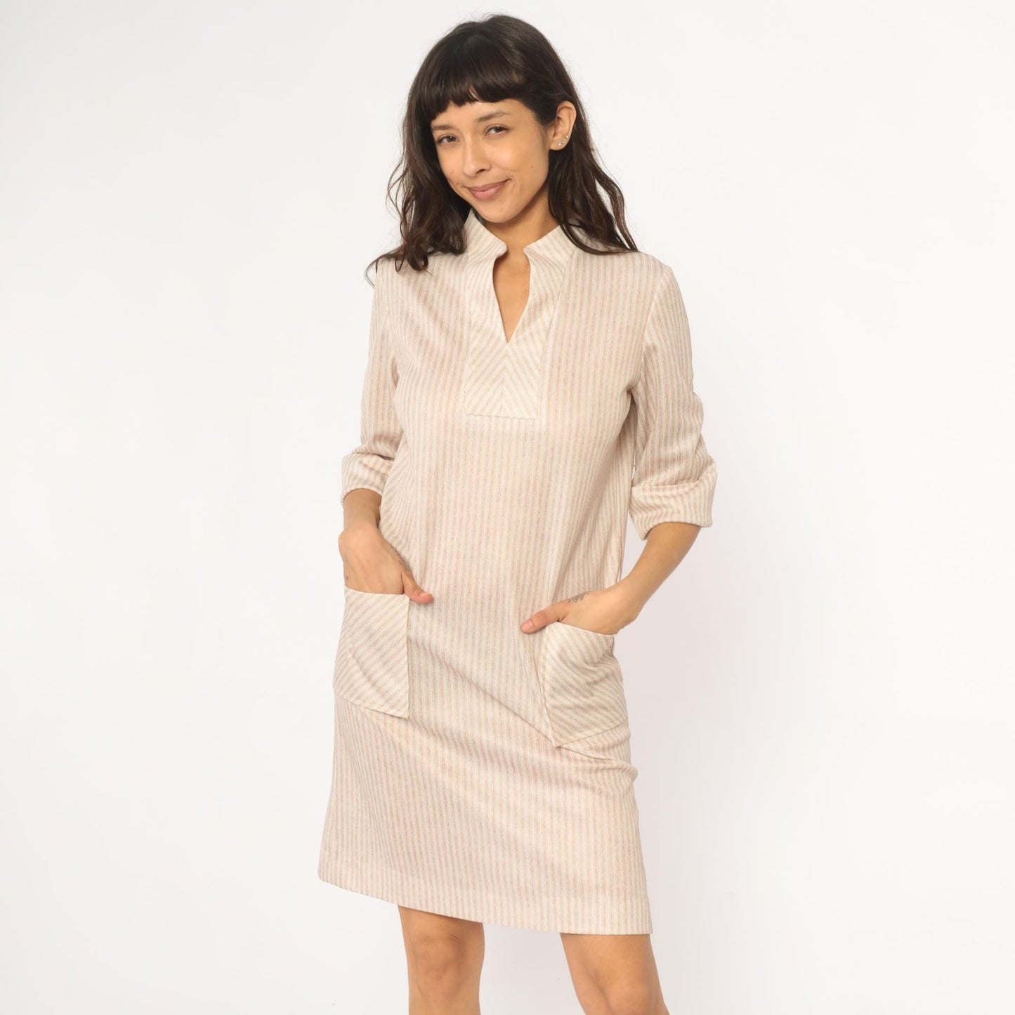 70s Beige White Striped Shift Dress Mandarin Collar Knee Length Medium M