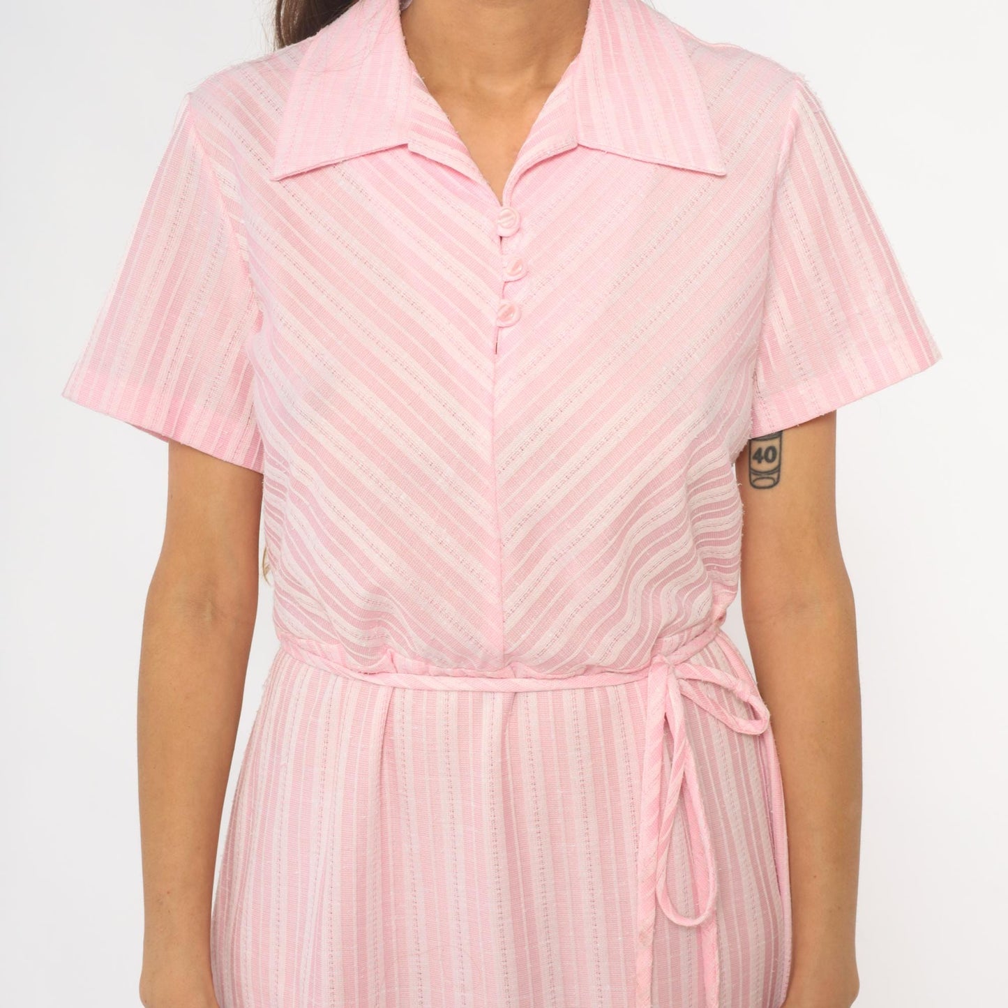 80s Pink Striped Shirt Dress Midi Polo Collar Button Front Medium