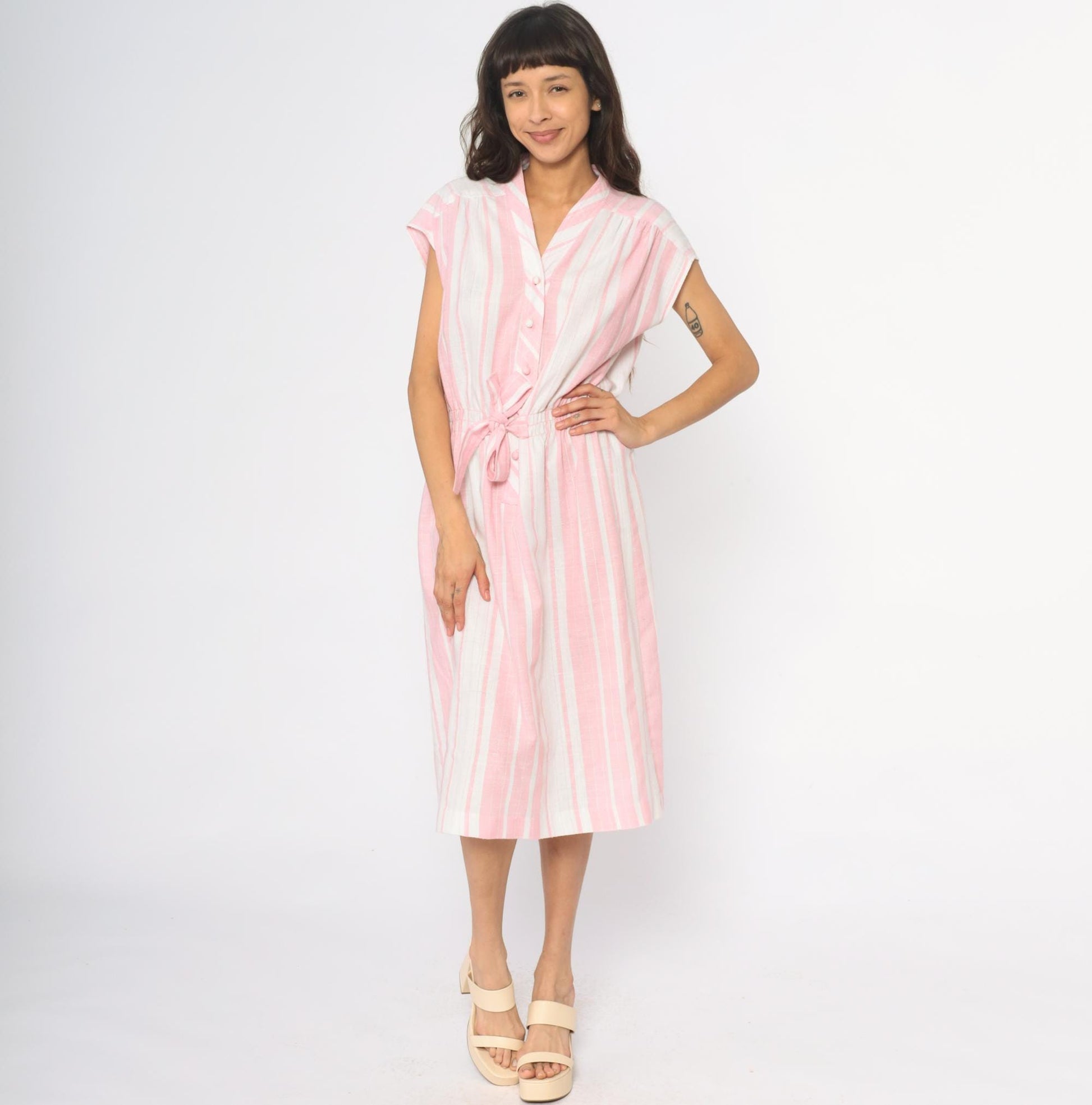 80s Murray Meisner Pink Striped Midi Dress Button Front V-Neck Small