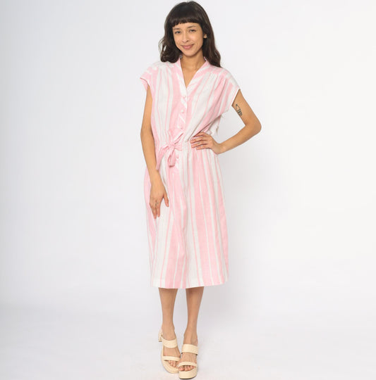 80s Murray Meisner Pink Striped Midi Dress Button Front V-Neck Small