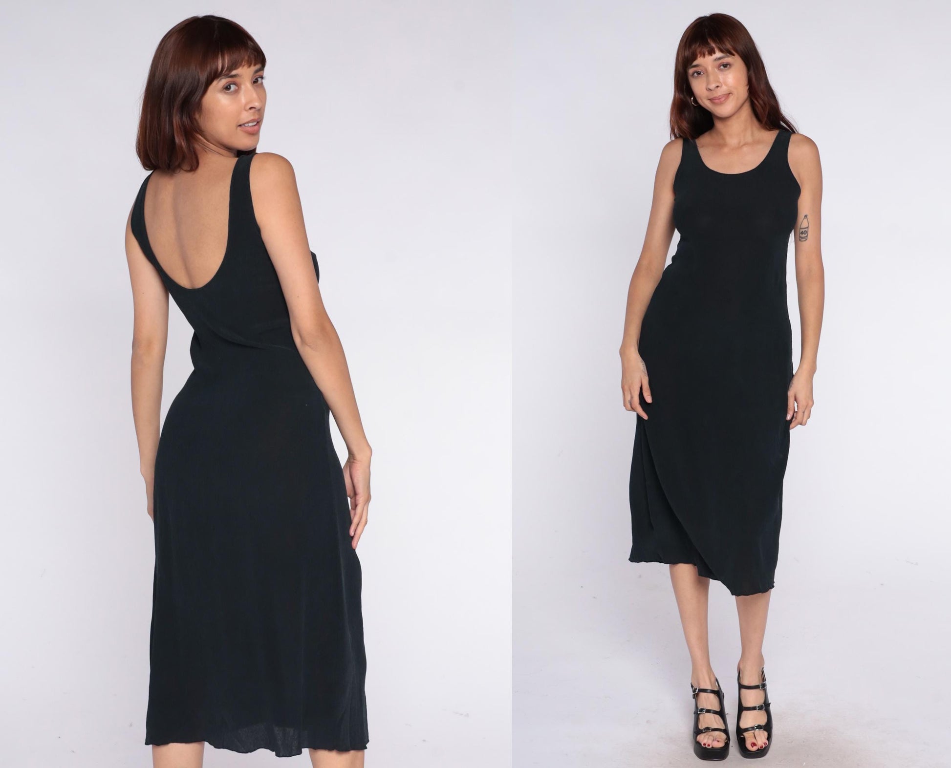 90s Black Midi Dress Sleeveless Scoop Neck Racerback Tank Small S