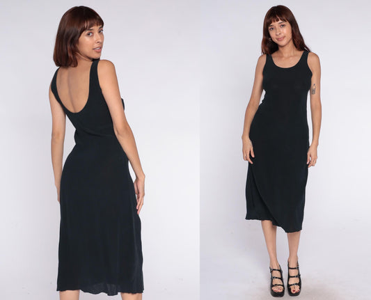 90s Black Midi Dress Sleeveless Scoop Neck Racerback Tank Small S