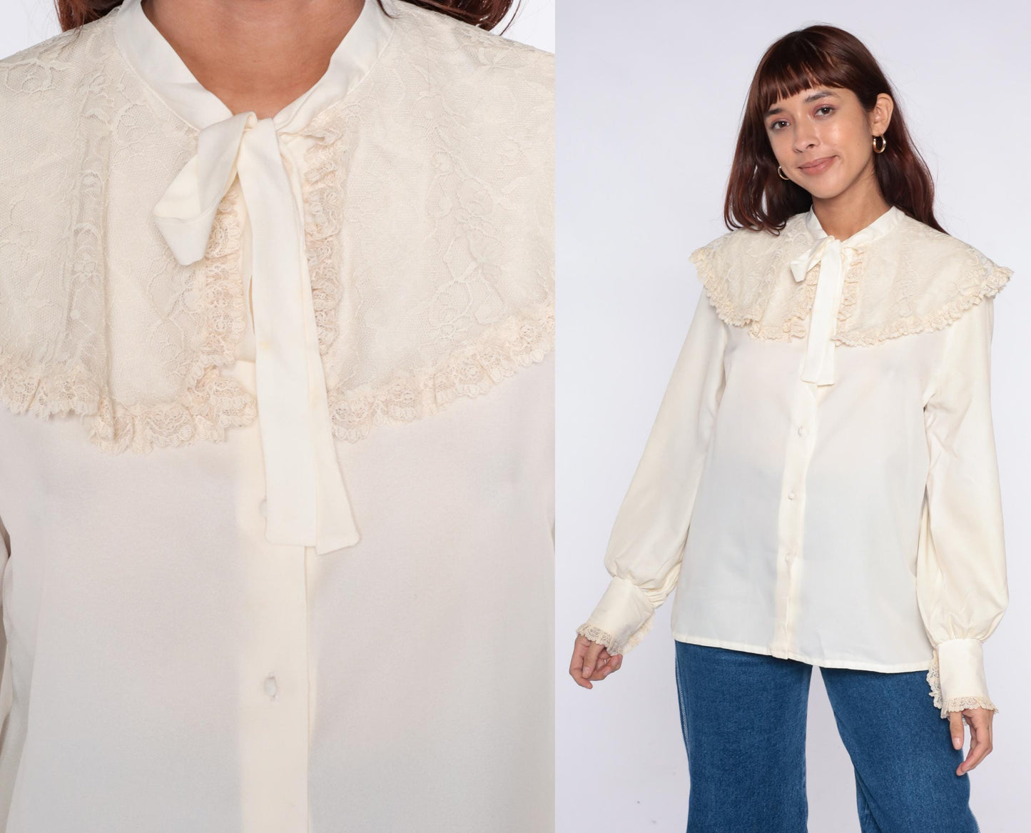 70s Elles Belles Cream Lace Blouse Pussy Bow Tie Neck Large L