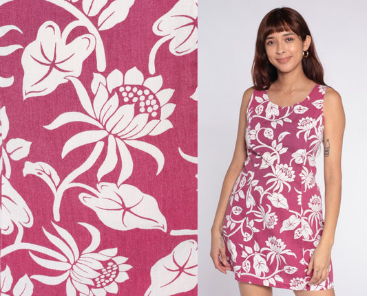 90s 5th & Ocean Hawaiian Mini Dress Pink Floral Hibiscus XS