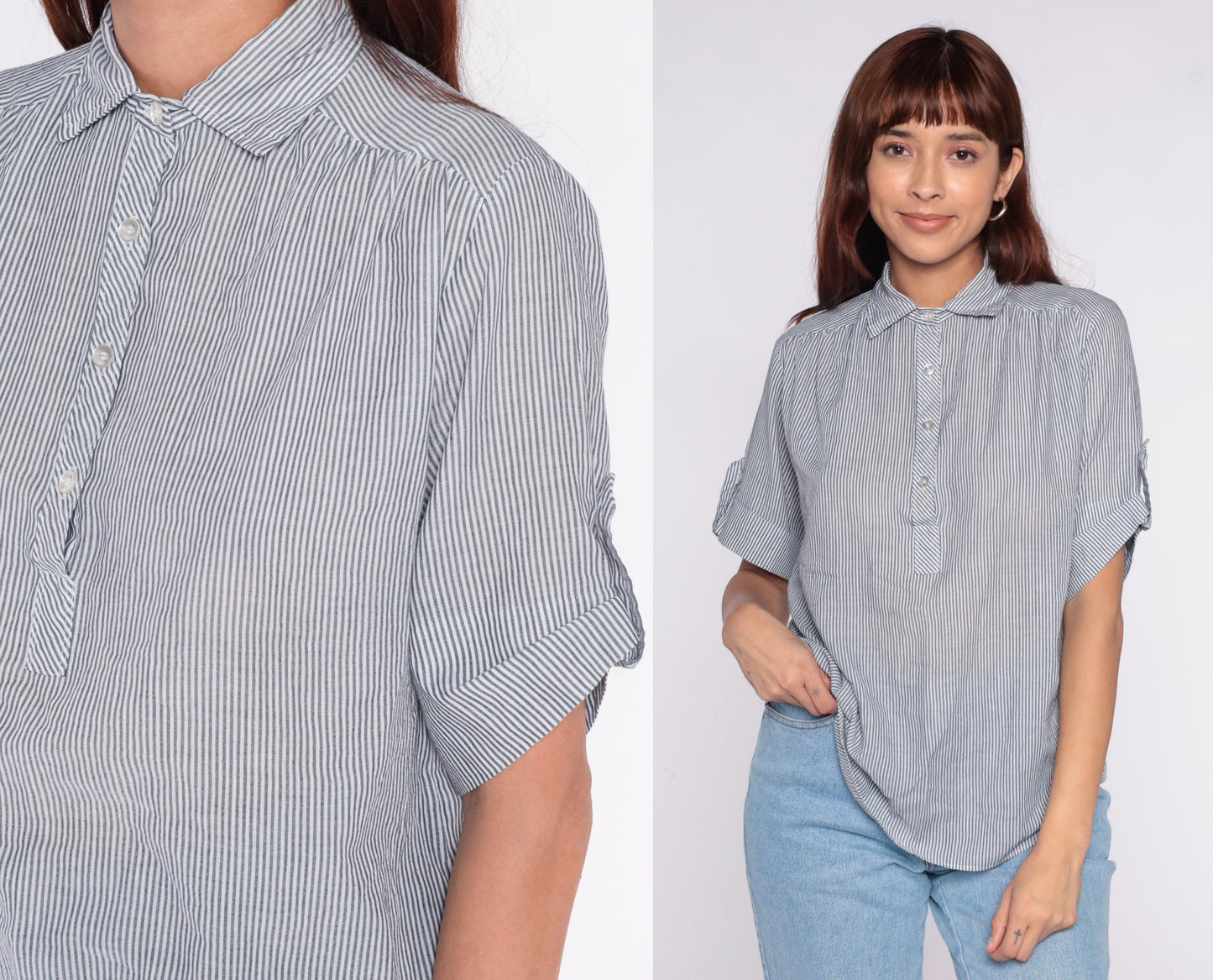 80s Miss Fashionality Blue White Striped Button Blouse Bow Tie Collar Large