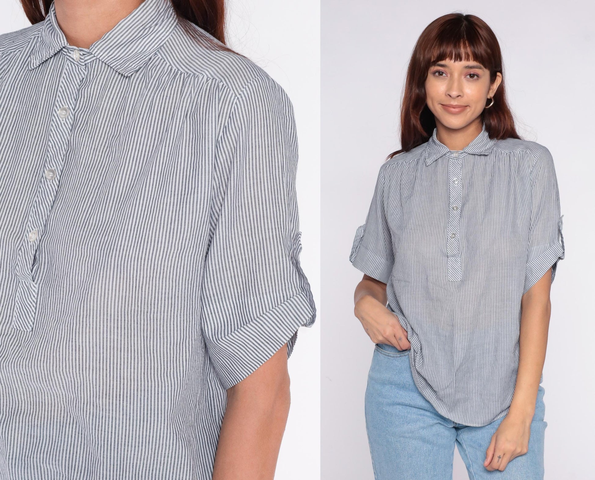 80s Miss Fashionality Blue White Striped Button Blouse Bow Tie Collar Large
