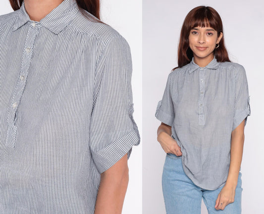 80s Miss Fashionality Blue White Striped Button Blouse Bow Tie Collar Large