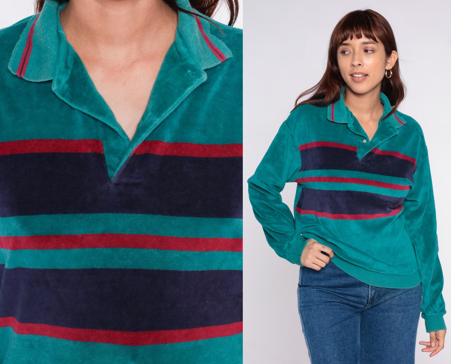90s Chesterfield Velour Pullover Teal Striped Collared Sweatshirt Medium M