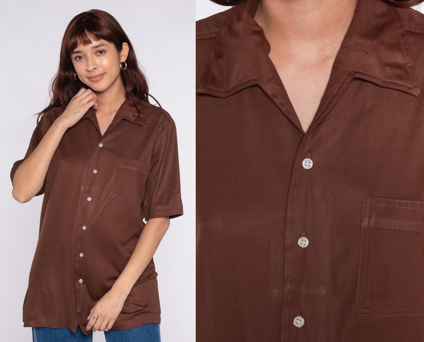 70s California Class Chocolate Brown Button-Up Shirt Camp Collar Large L